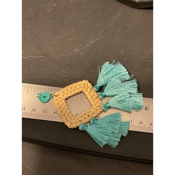 Handwoven Rattan & Teal Tassel Statement Earrings - Picture 2 of 4